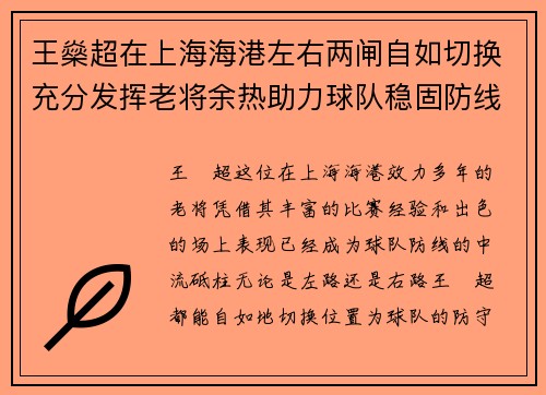 王燊超在上海海港左右两闸自如切换充分发挥老将余热助力球队稳固防线 王燊超在上海海港左右两闸自如切换充分发挥老将余热助力球队稳固防线
